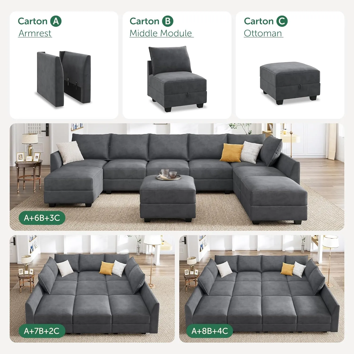 HONBAY Convertible Sleeper Sectional Sofa Bed Modular Sofa with Storage Seat Reversible Sectional Sleeper Sofa Set with Modular Sectional Couch Bed, Velvet Bluish Grey