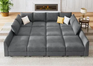 HONBAY Convertible Sleeper Sectional Sofa Bed Modular Sofa with Storage Seat Reversible Sectional Sleeper Sofa Set with Modular Sectional Couch Bed, Velvet Bluish Grey