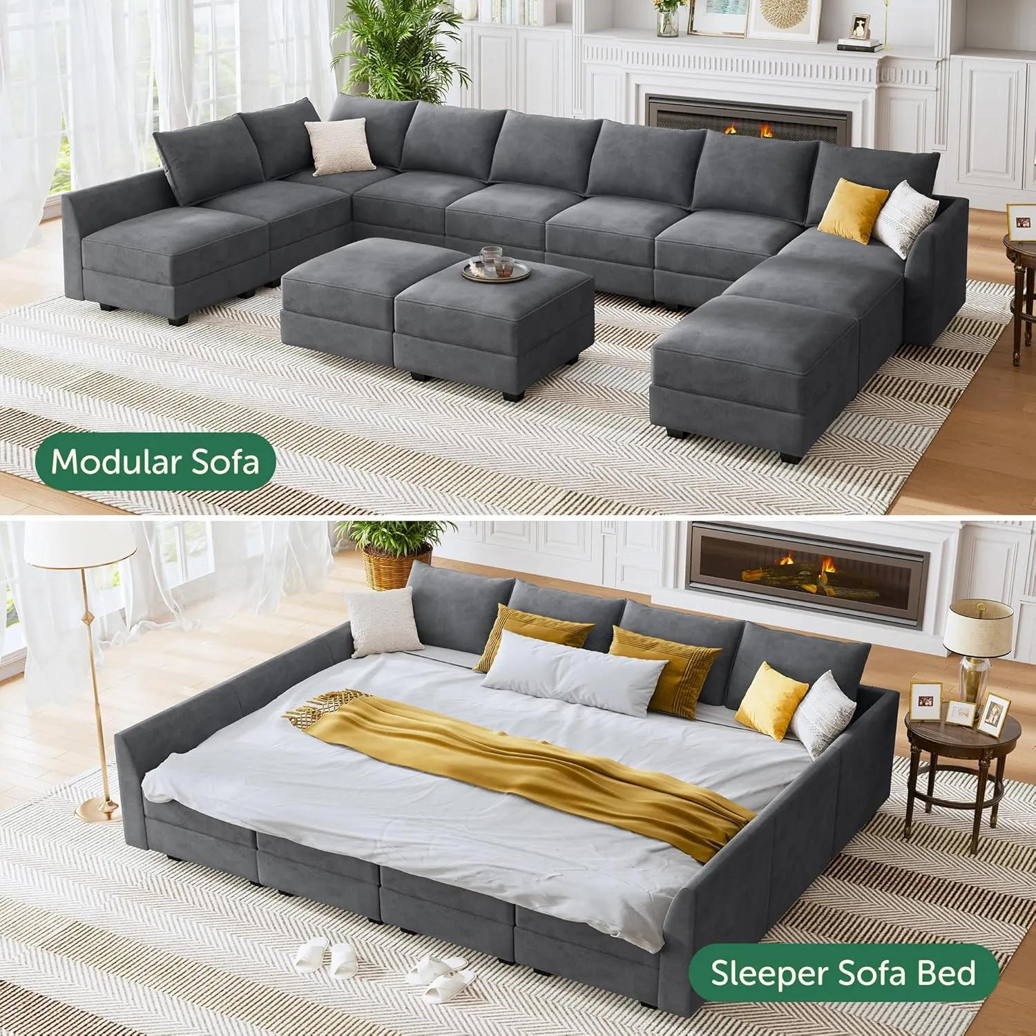 HONBAY Convertible Sleeper Sectional Sofa Bed Modular Sofa with Storage Seat Reversible Sectional Sleeper Sofa Set with Modular Sectional Couch Bed, Velvet Bluish Grey