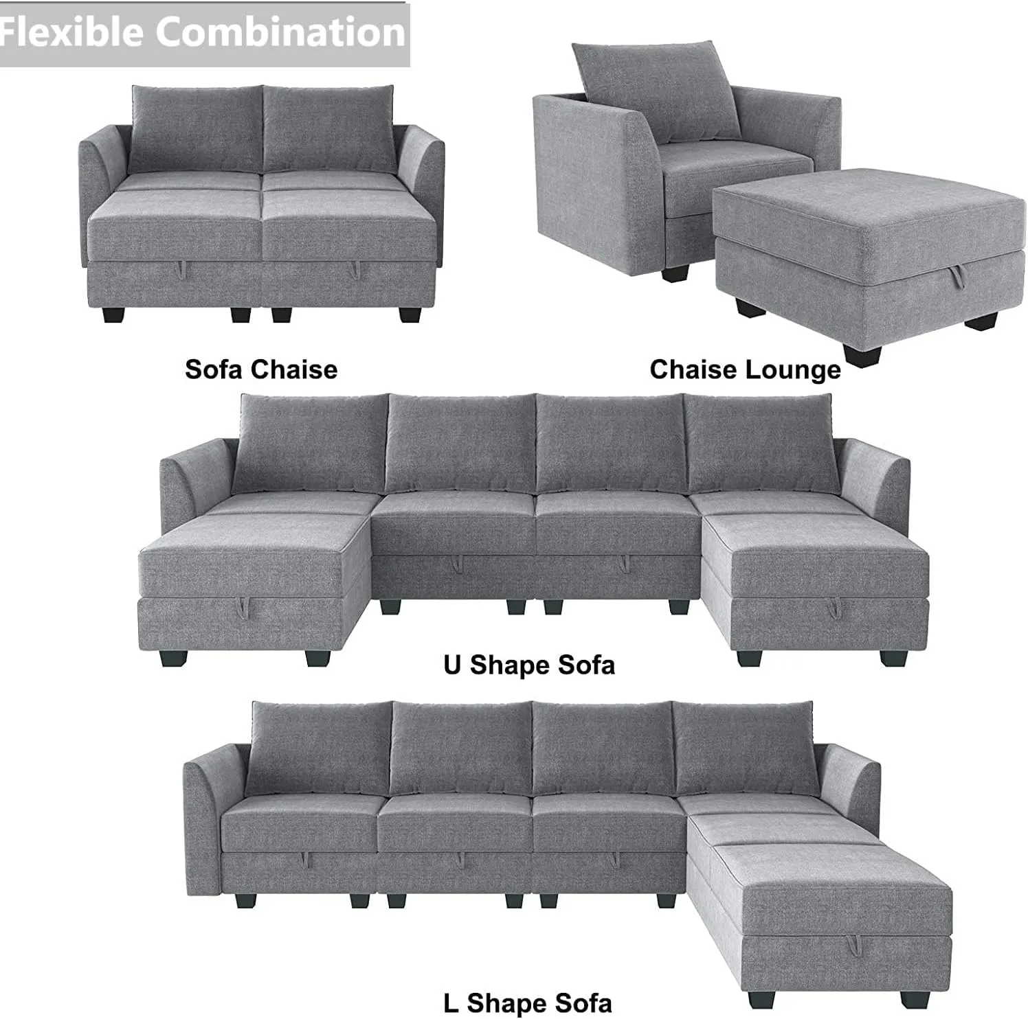 HONBAY Modern Fabric Middle Module for Modular Sofa Customizable Sectional Sofa Couch Accent Armless Chair, Grey
