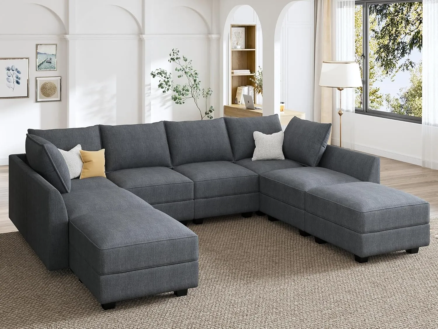 HONBAY Modular Sectional Couch U Shaped Sectional Sofa with Reversible Chaise Modular Sofa Couch with Storage Seat, Bluish Grey