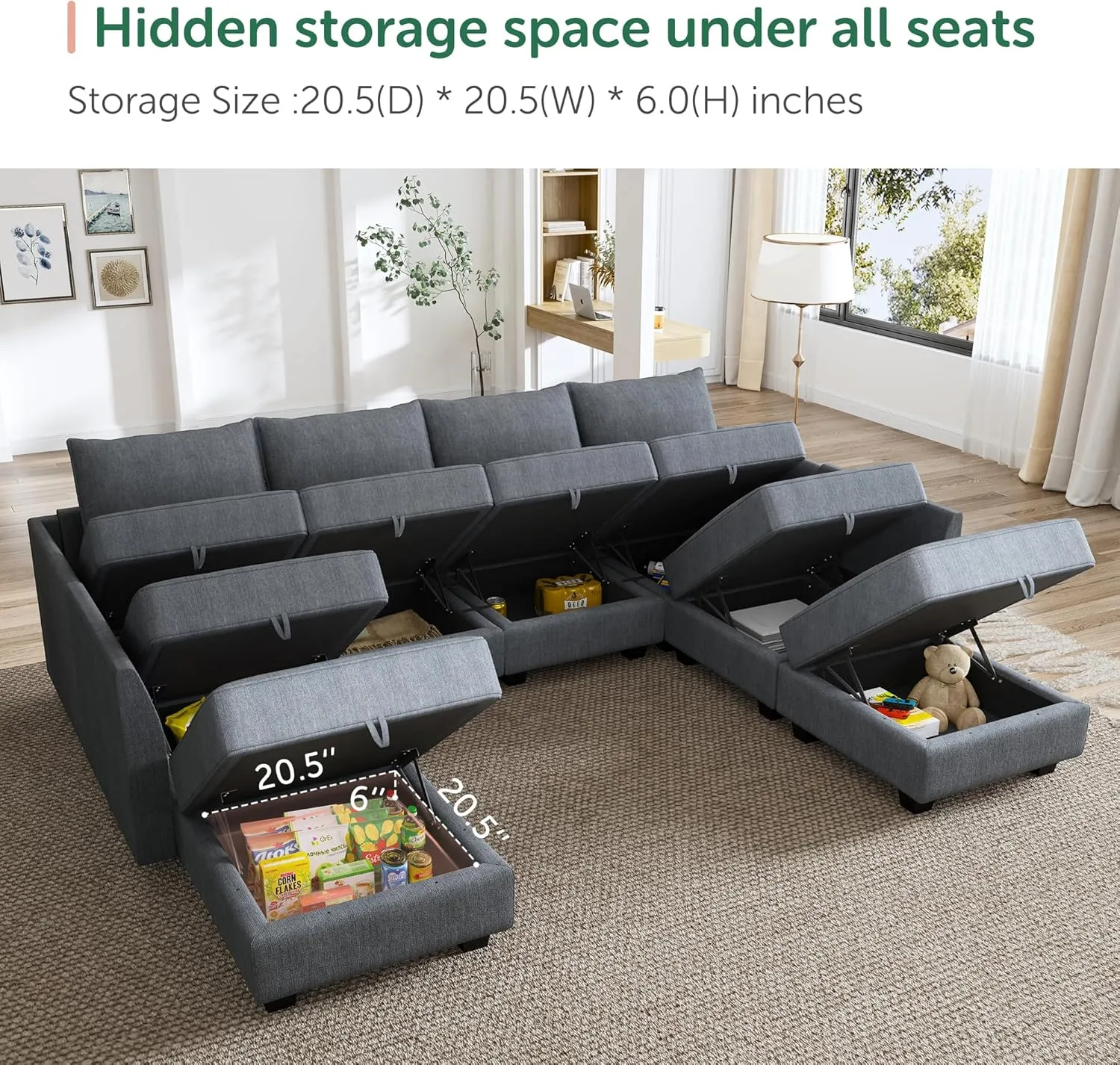 HONBAY Modular Sectional Couch U Shaped Sectional Sofa with Reversible Chaise Modular Sofa Couch with Storage Seat, Bluish Grey