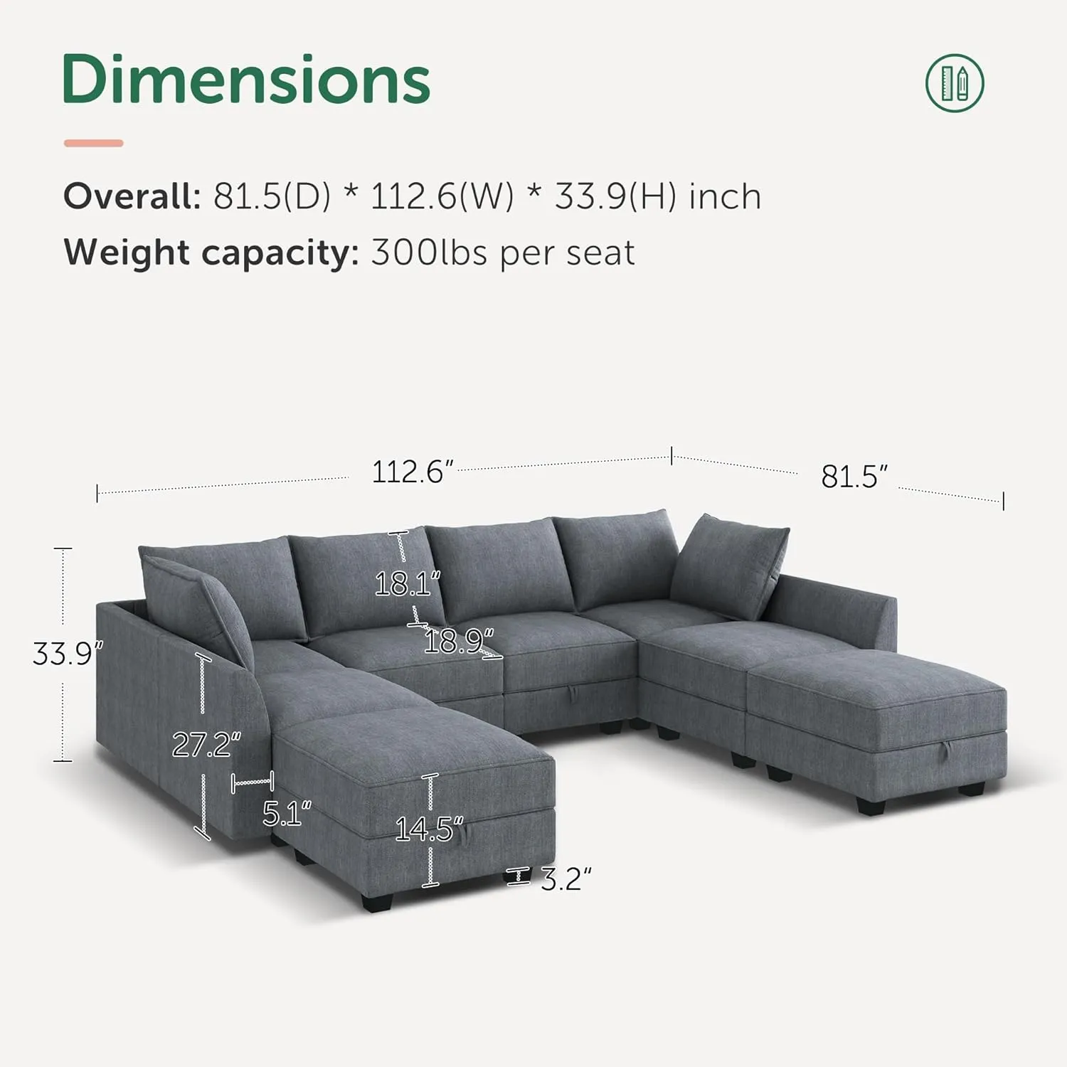 HONBAY Modular Sectional Couch U Shaped Sectional Sofa with Reversible Chaise Modular Sofa Couch with Storage Seat, Bluish Grey