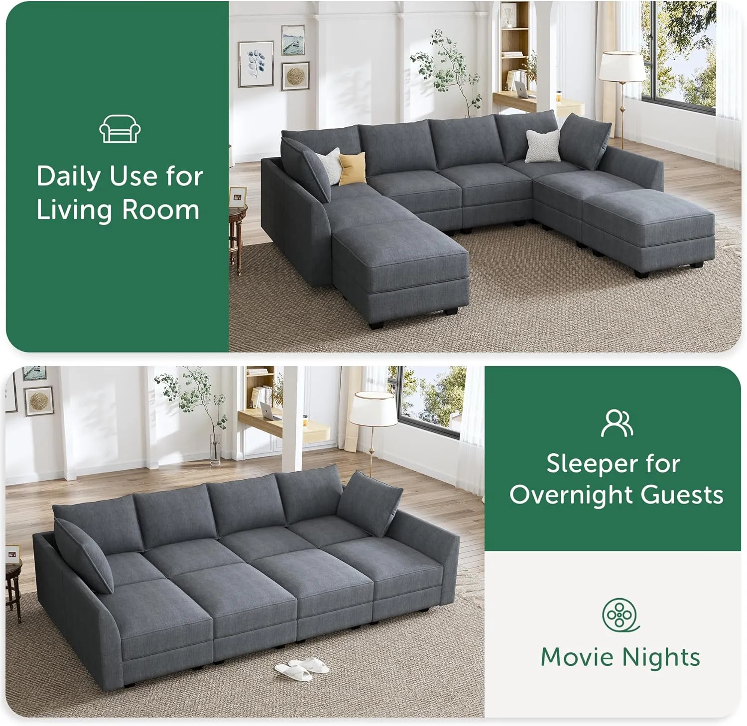 HONBAY Modular Sectional Couch U Shaped Sectional Sofa with Reversible Chaise Modular Sofa Couch with Storage Seat, Bluish Grey