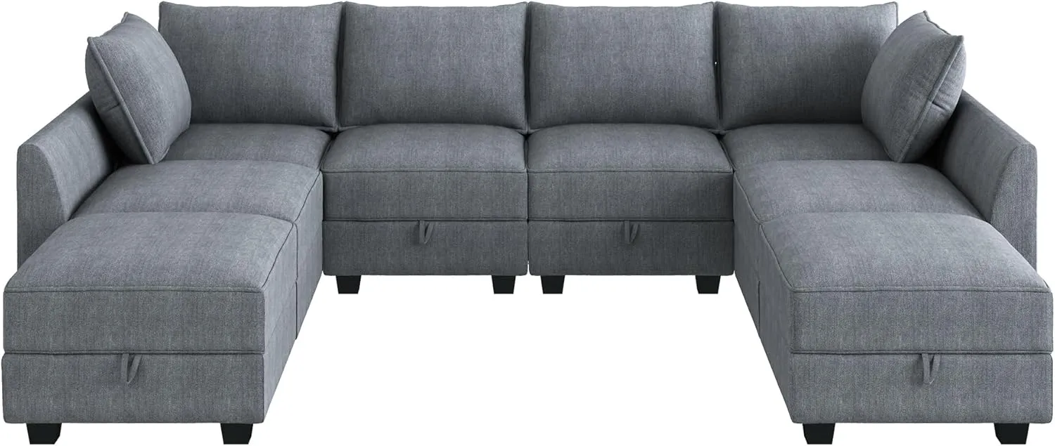 HONBAY Modular Sectional Couch U Shaped Sectional Sofa with Reversible Chaise Modular Sofa Couch with Storage Seat, Bluish Grey