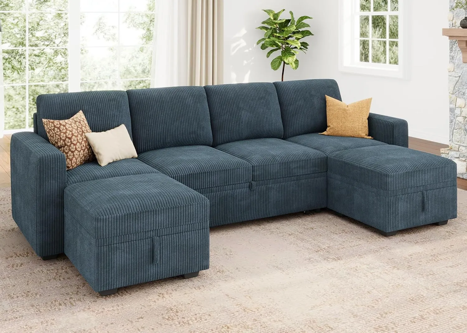 HONBAY Modular Sectional Sleeper Sofa Bed, Corduroy Pull Out Couch with Storage Ottoman, U Shaped Sectional Couches for Living Room, Blue