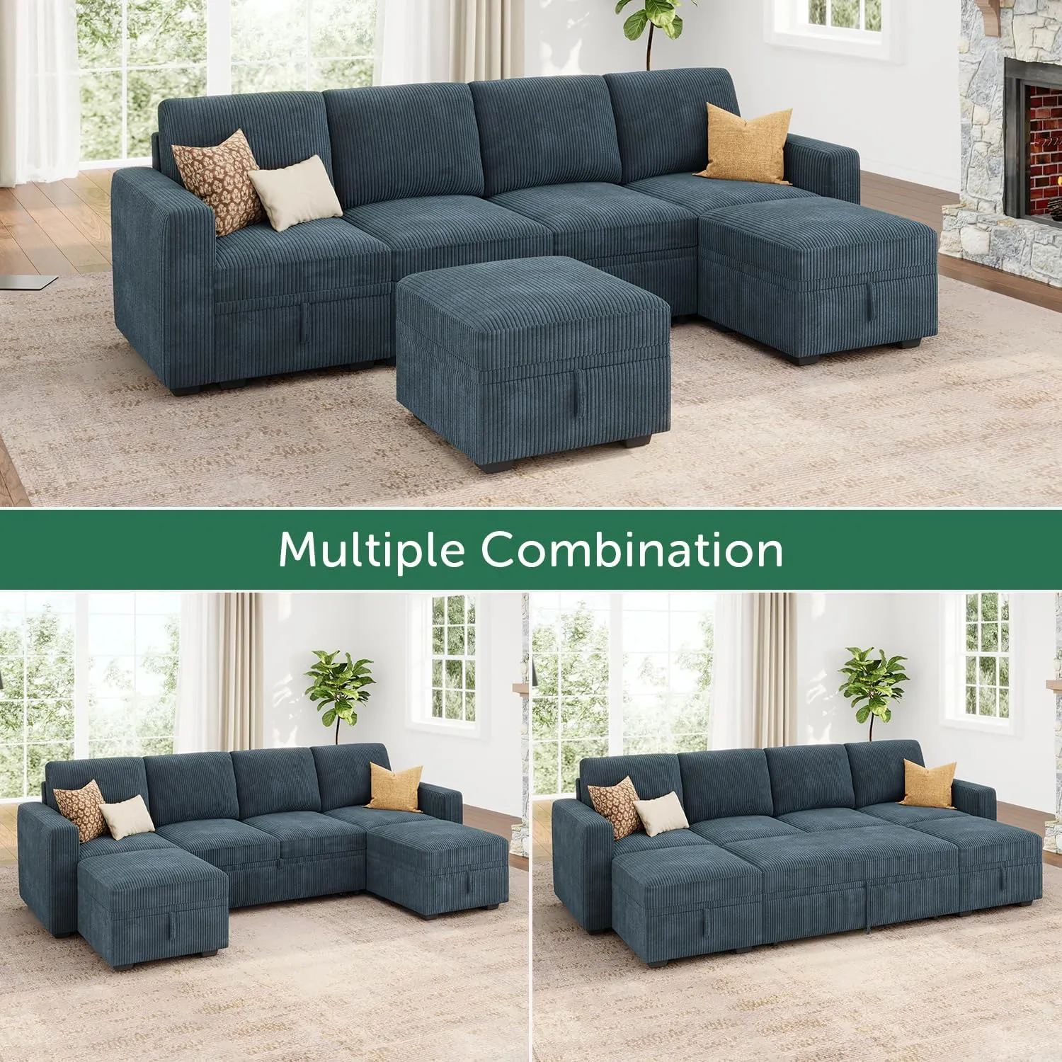 HONBAY Modular Sectional Sleeper Sofa Bed, Corduroy Pull Out Couch with Storage Ottoman, U Shaped Sectional Couches for Living Room, Blue