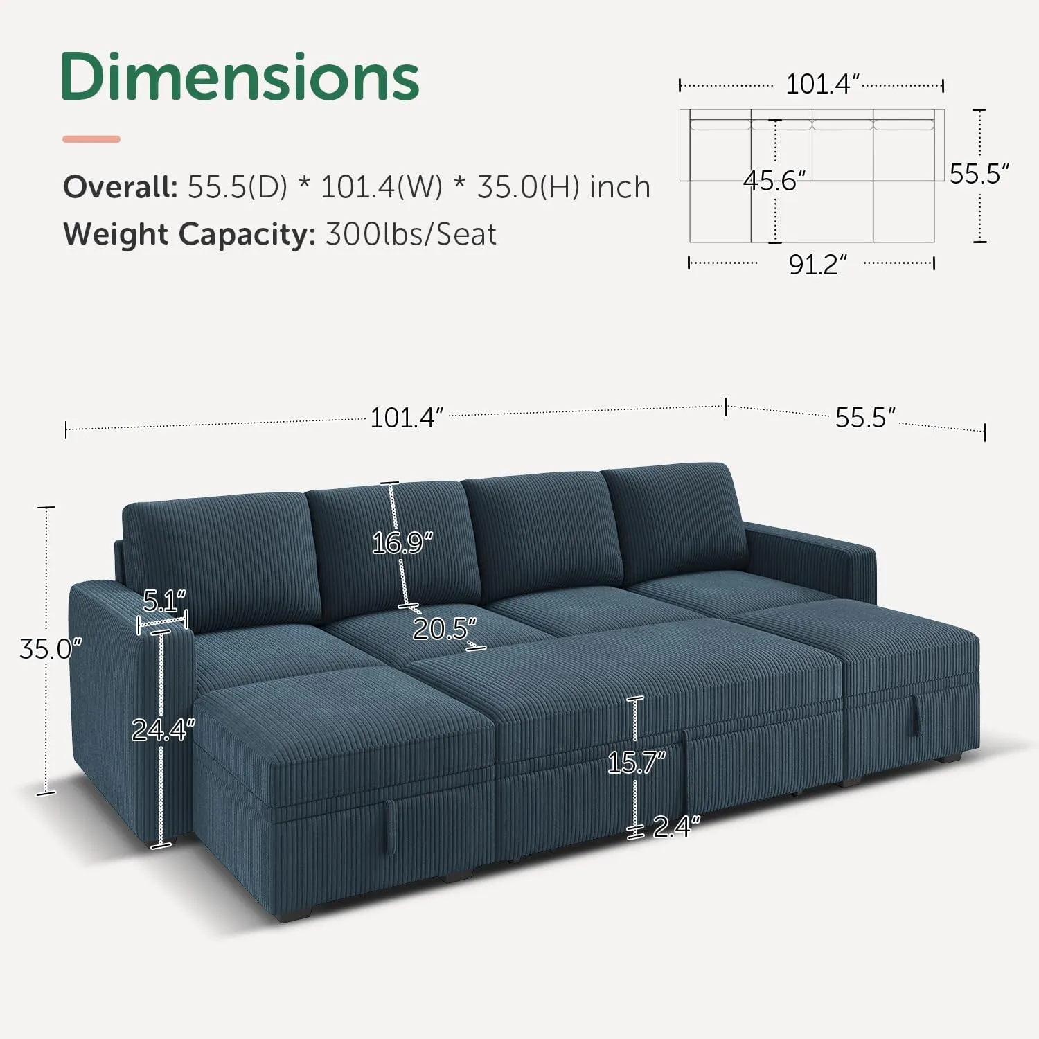 HONBAY Modular Sectional Sleeper Sofa Bed, Corduroy Pull Out Couch with Storage Ottoman, U Shaped Sectional Couches for Living Room, Blue
