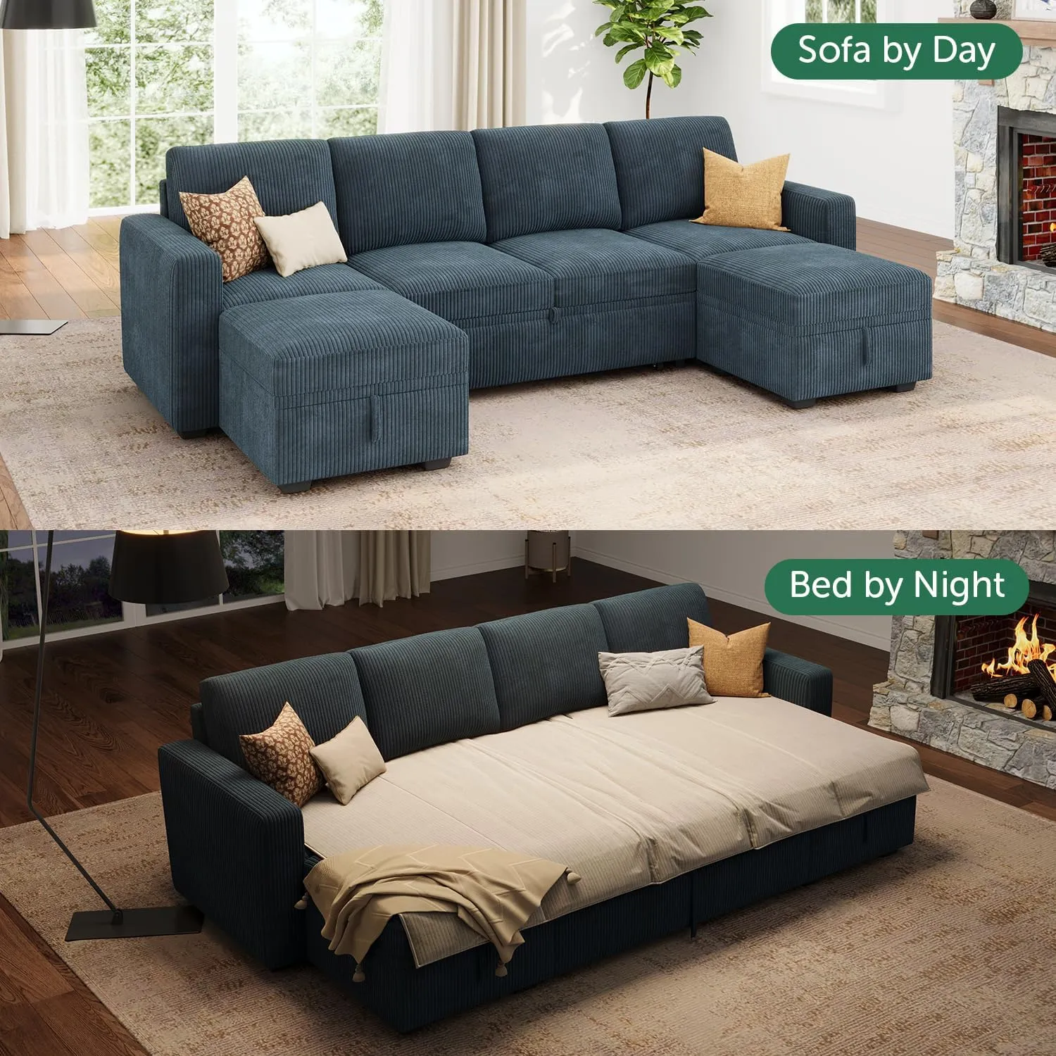 HONBAY Modular Sectional Sleeper Sofa Bed, Corduroy Pull Out Couch with Storage Ottoman, U Shaped Sectional Couches for Living Room, Blue