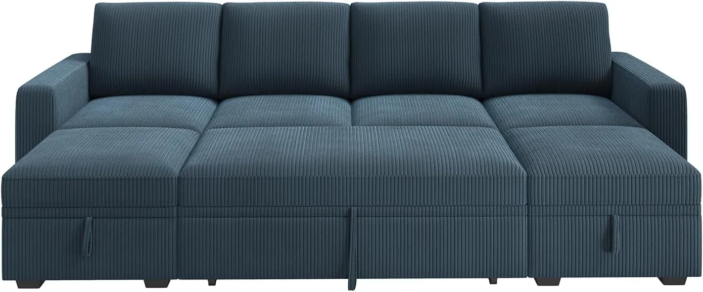 HONBAY Modular Sectional Sleeper Sofa Bed, Corduroy Pull Out Couch with Storage Ottoman, U Shaped Sectional Couches for Living Room, Blue