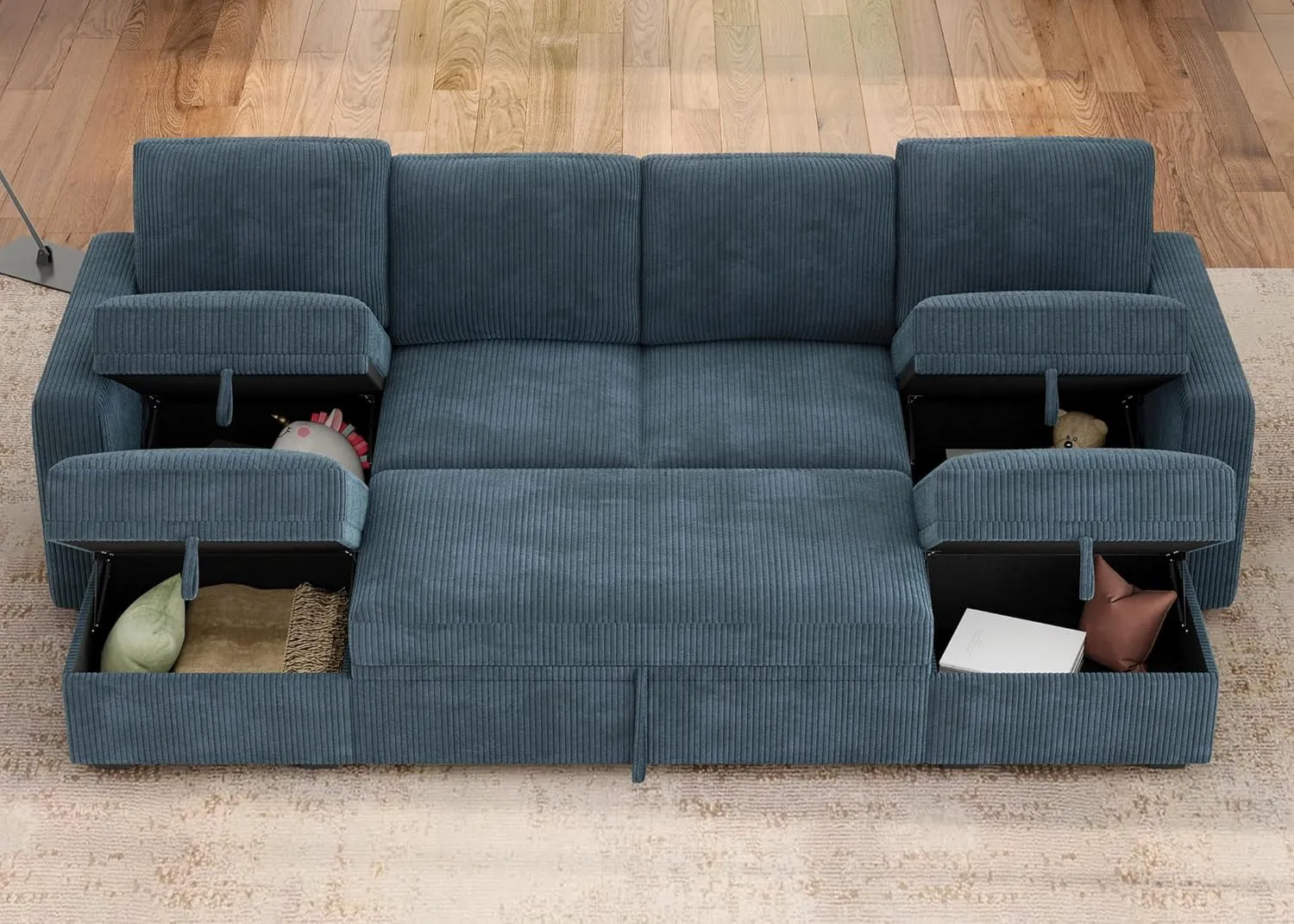 HONBAY Modular Sectional Sleeper Sofa Bed, Corduroy Pull Out Couch with Storage Ottoman, U Shaped Sectional Couches for Living Room, Blue