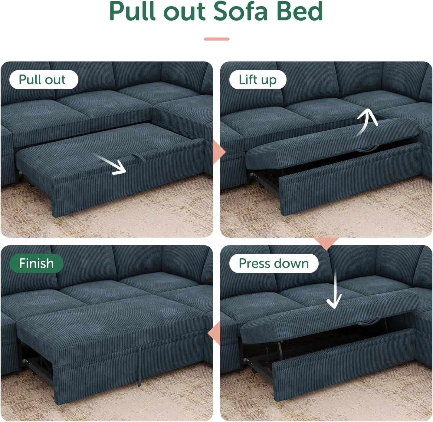 HONBAY Modular Sectional Sleeper Sofa Bed, Corduroy Pull Out Couch with Storage Ottoman, U Shaped Sectional Couches for Living Room, Blue