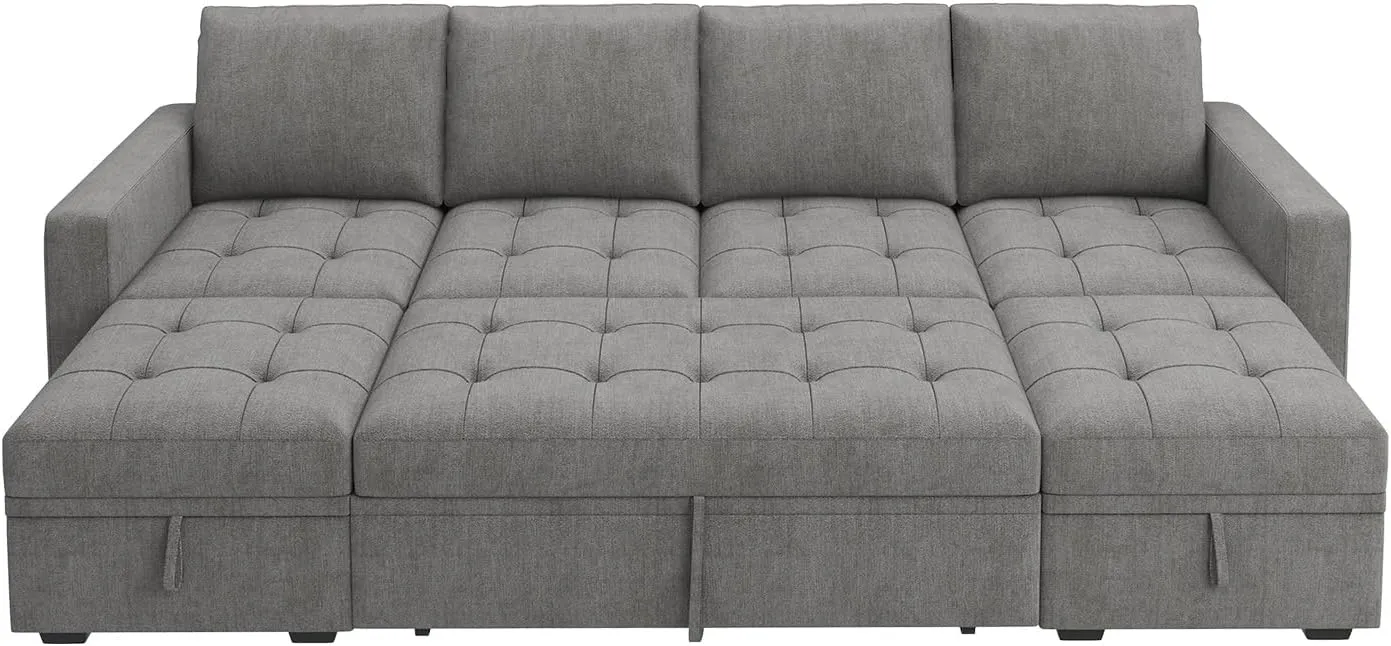 HONBAY Modular Sectional Sleeper Sofa with Pull Out Bed,U Shaped Couch with Storage Seat,Sectional Couches for Living Room,Warm Grey