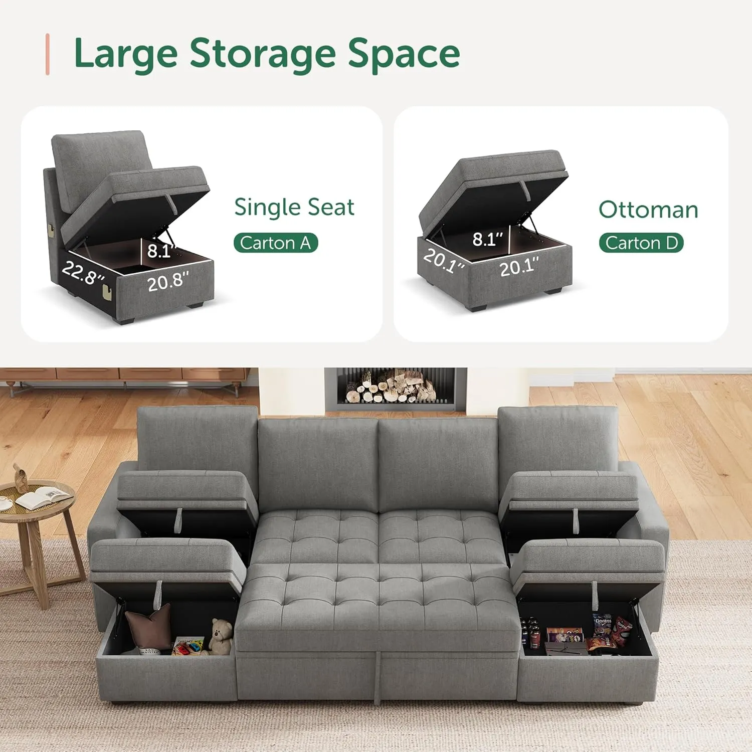 HONBAY Modular Sectional Sleeper Sofa with Pull Out Bed,U Shaped Couch with Storage Seat,Sectional Couches for Living Room,Warm Grey