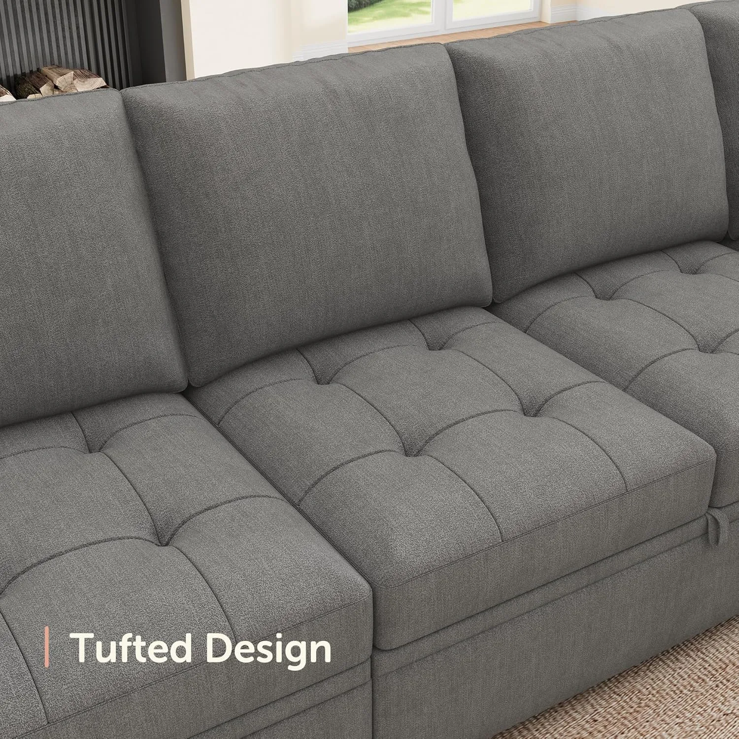 HONBAY Modular Sectional Sleeper Sofa with Pull Out Bed,U Shaped Couch with Storage Seat,Sectional Couches for Living Room,Warm Grey