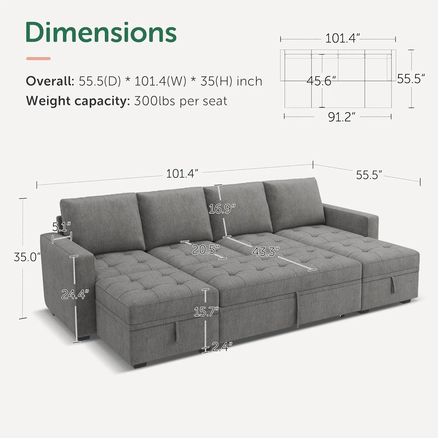 HONBAY Modular Sectional Sleeper Sofa with Pull Out Bed,U Shaped Couch with Storage Seat,Sectional Couches for Living Room,Warm Grey