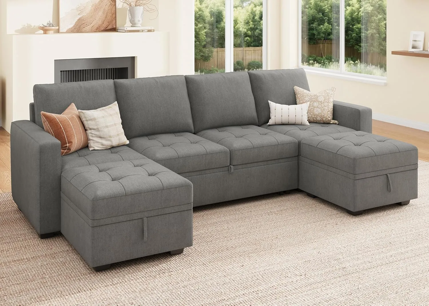HONBAY Modular Sectional Sleeper Sofa with Pull Out Bed,U Shaped Couch with Storage Seat,Sectional Couches for Living Room,Warm Grey