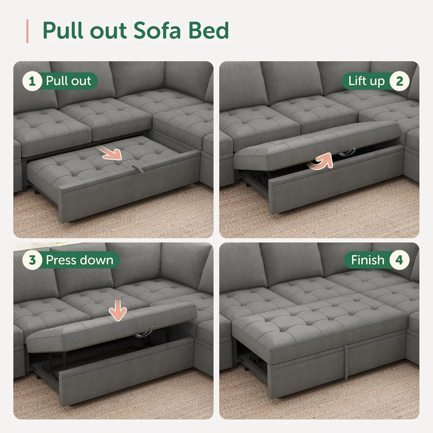 HONBAY Modular Sectional Sleeper Sofa with Pull Out Bed,U Shaped Couch with Storage Seat,Sectional Couches for Living Room,Warm Grey