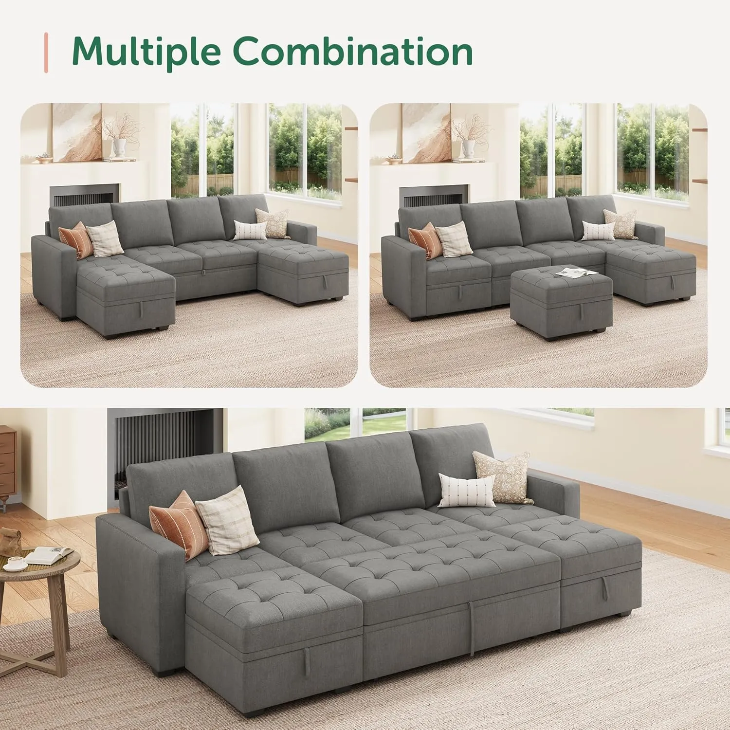 HONBAY Modular Sectional Sleeper Sofa with Pull Out Bed,U Shaped Couch with Storage Seat,Sectional Couches for Living Room,Warm Grey