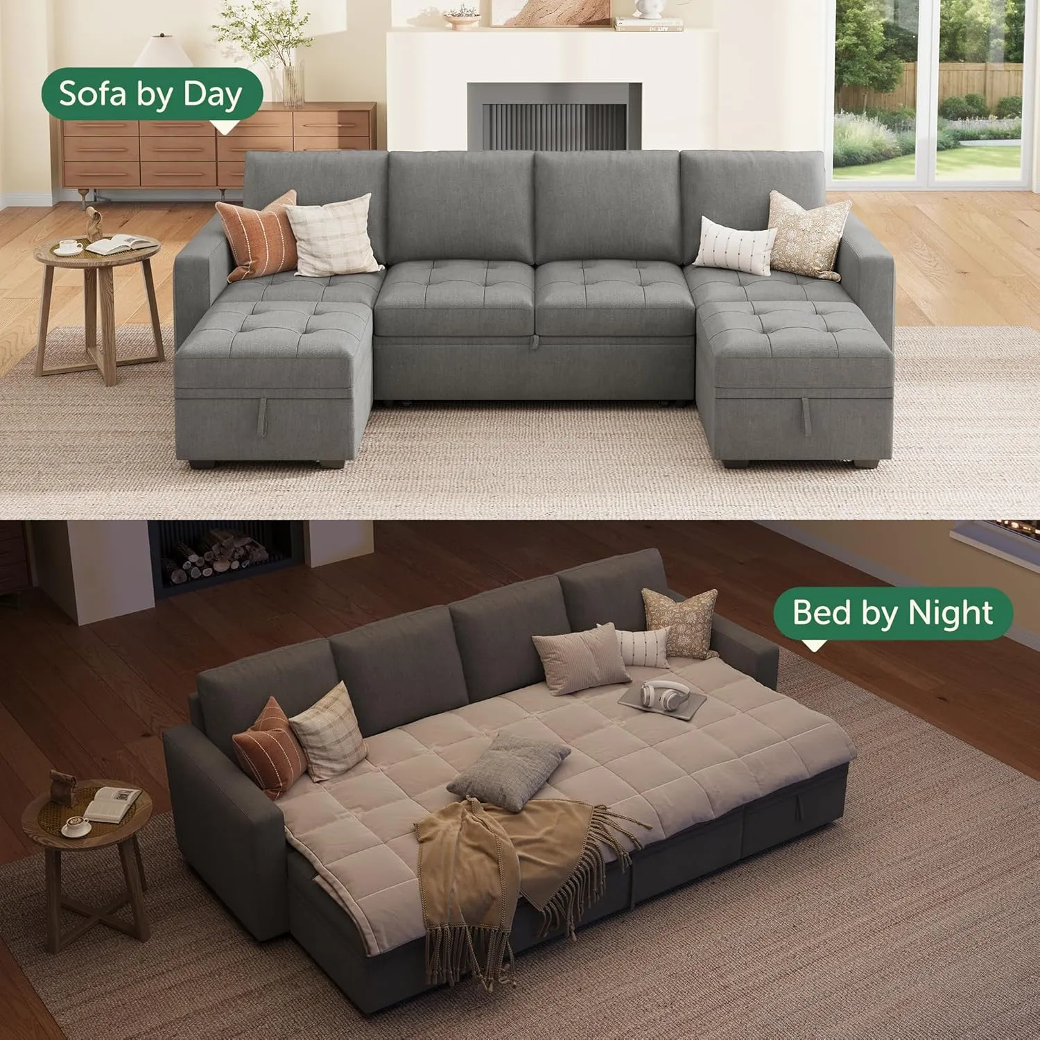 HONBAY Modular Sectional Sleeper Sofa with Pull Out Bed,U Shaped Couch with Storage Seat,Sectional Couches for Living Room,Warm Grey