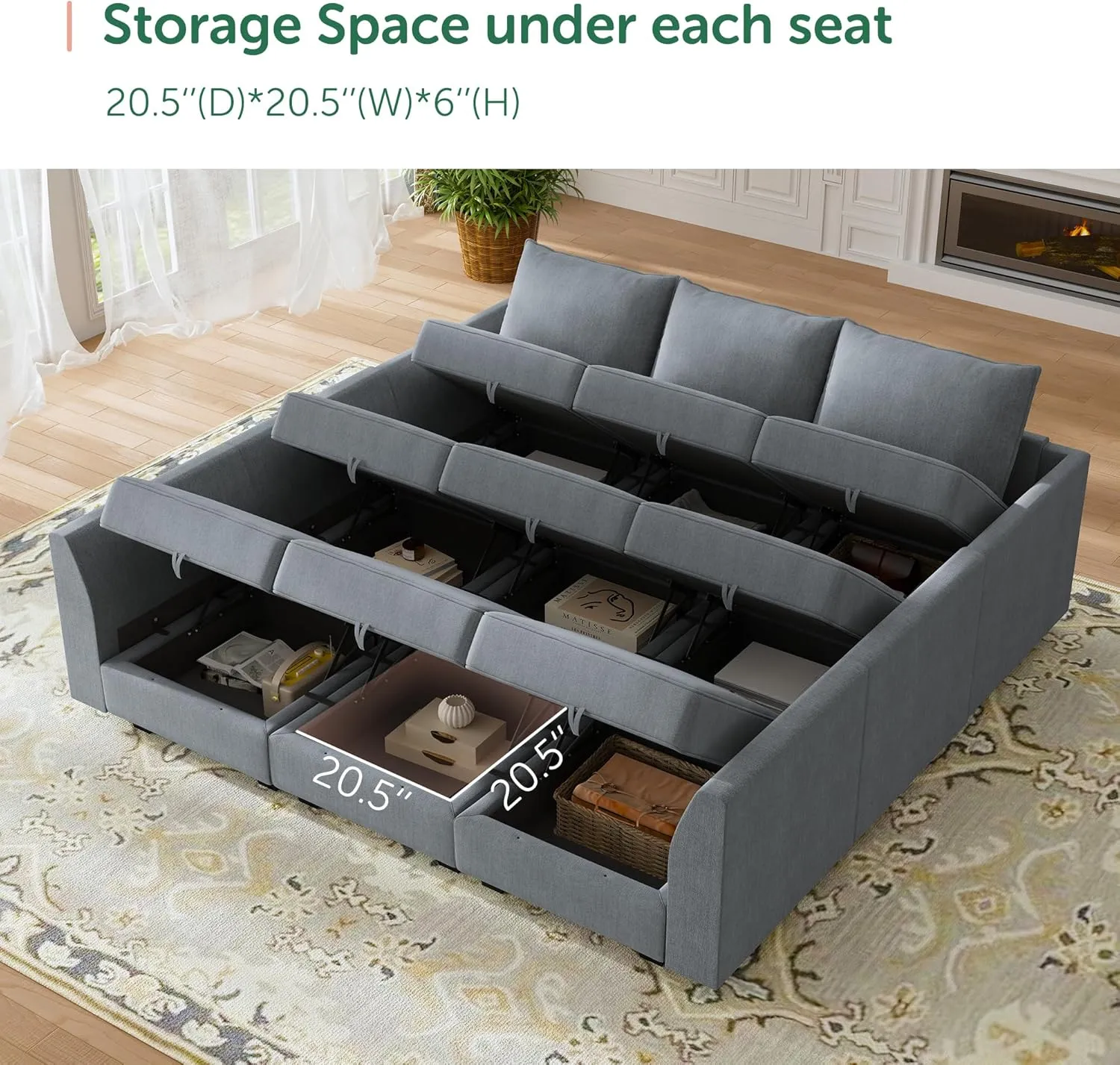 HONBAY Modular Sectional Sleeper Sofa with Storage Reversible Modular Sofa Couch Oversized Sectional Couch Bluish Grey