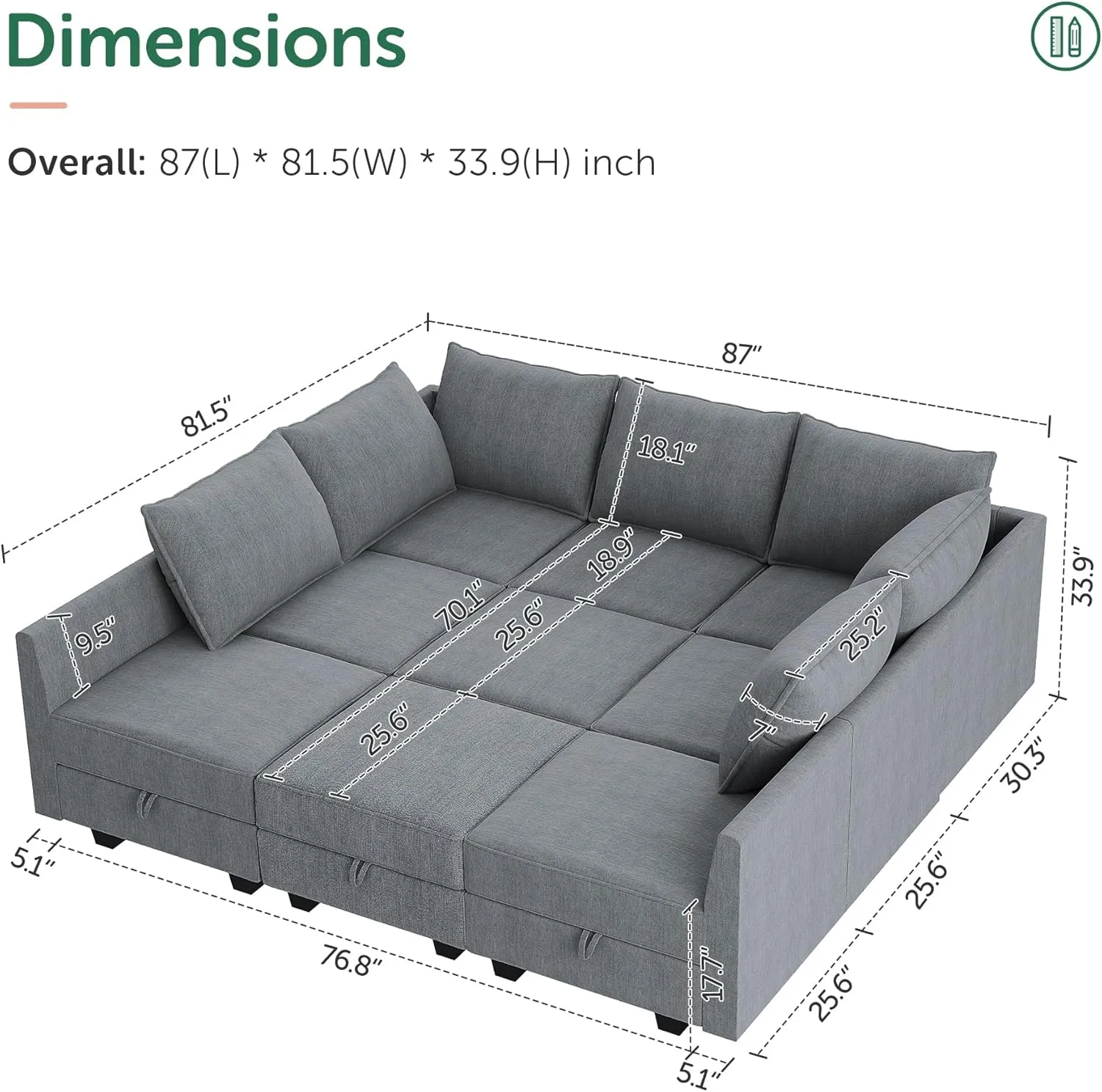 HONBAY Modular Sectional Sleeper Sofa with Storage Reversible Modular Sofa Couch Oversized Sectional Couch Bluish Grey