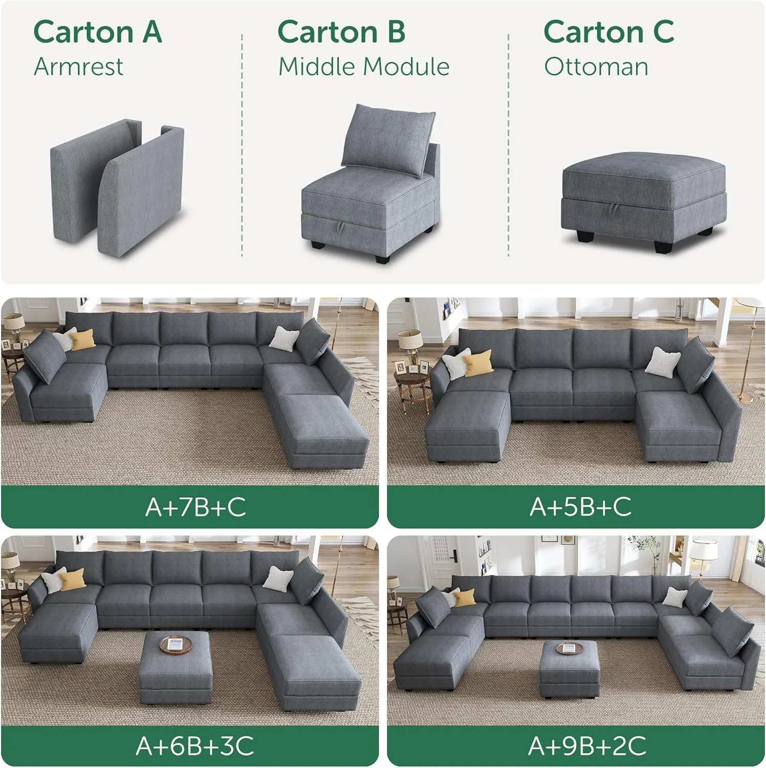 HONBAY Modular Sectional Sleeper Sofa with Storage Reversible Modular Sofa Couch Oversized Sectional Couch Bluish Grey
