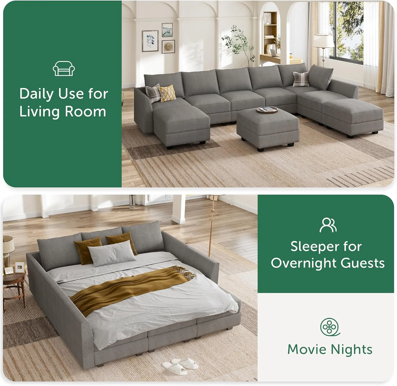 HONBAY Modular Sectional Sofa with Storage Modular Sleeper Sectional Sofa Oversized Sectional Couch for Living Room, Grey