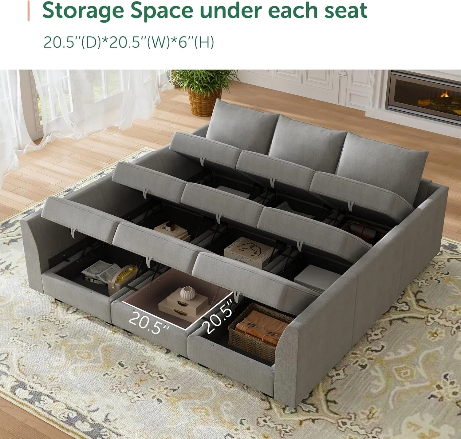 HONBAY Modular Sectional Sofa with Storage Modular Sleeper Sectional Sofa Oversized Sectional Couch for Living Room, Grey