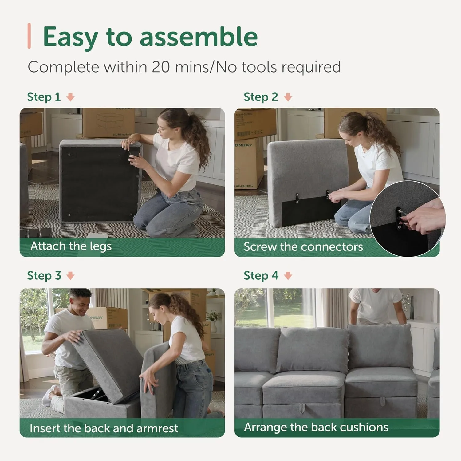HONBAY Modular Sectional Sofa with Storage Modular Sleeper Sectional Sofa Oversized Sectional Couch for Living Room, Grey