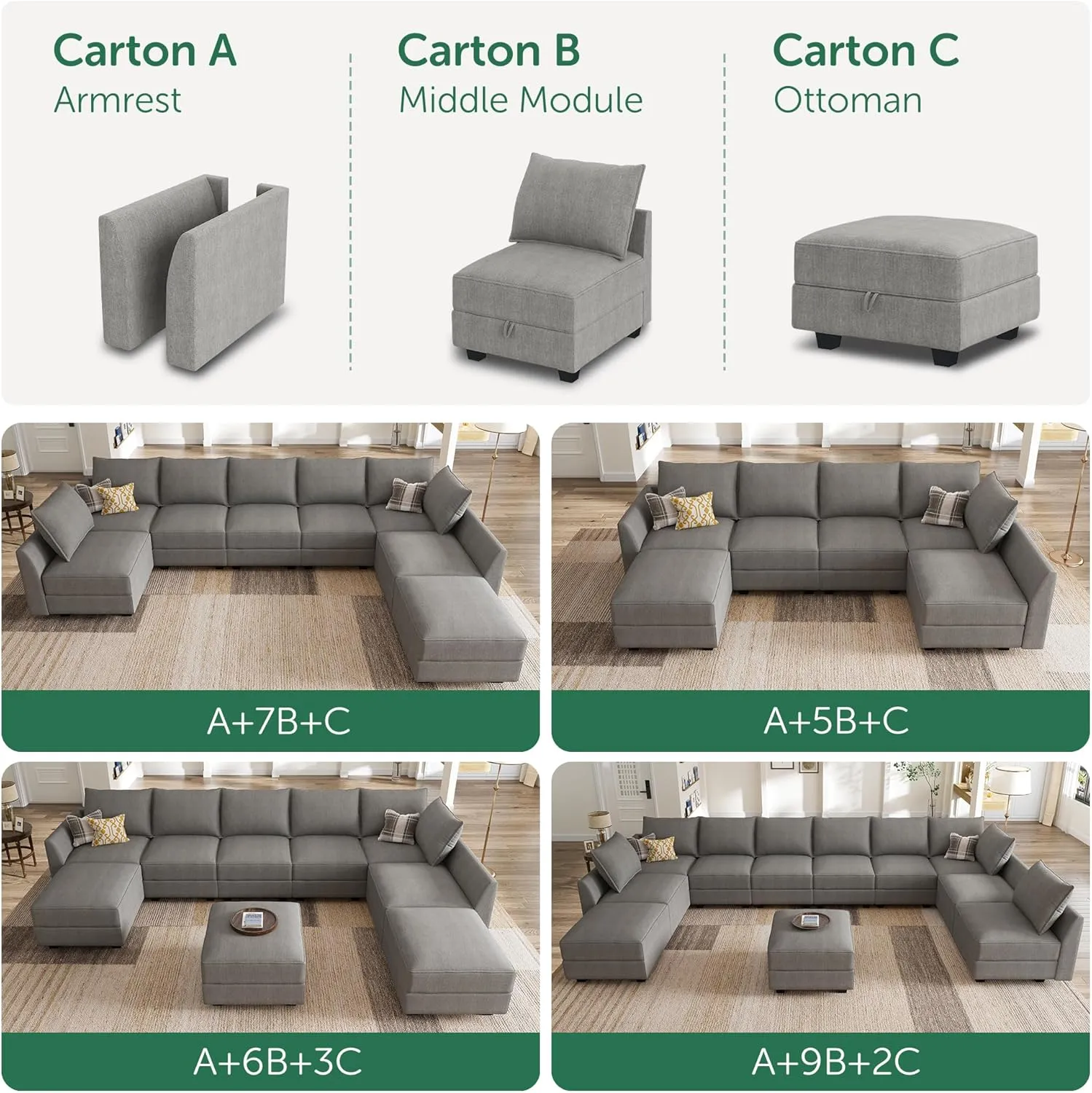 HONBAY Modular Sectional Sofa with Storage Modular Sleeper Sectional Sofa Oversized Sectional Couch for Living Room, Grey