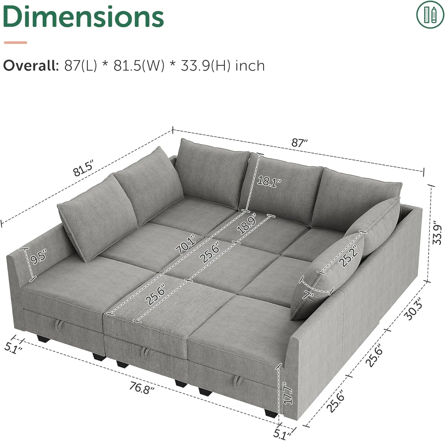 HONBAY Modular Sectional Sofa with Storage Modular Sleeper Sectional Sofa Oversized Sectional Couch for Living Room, Grey