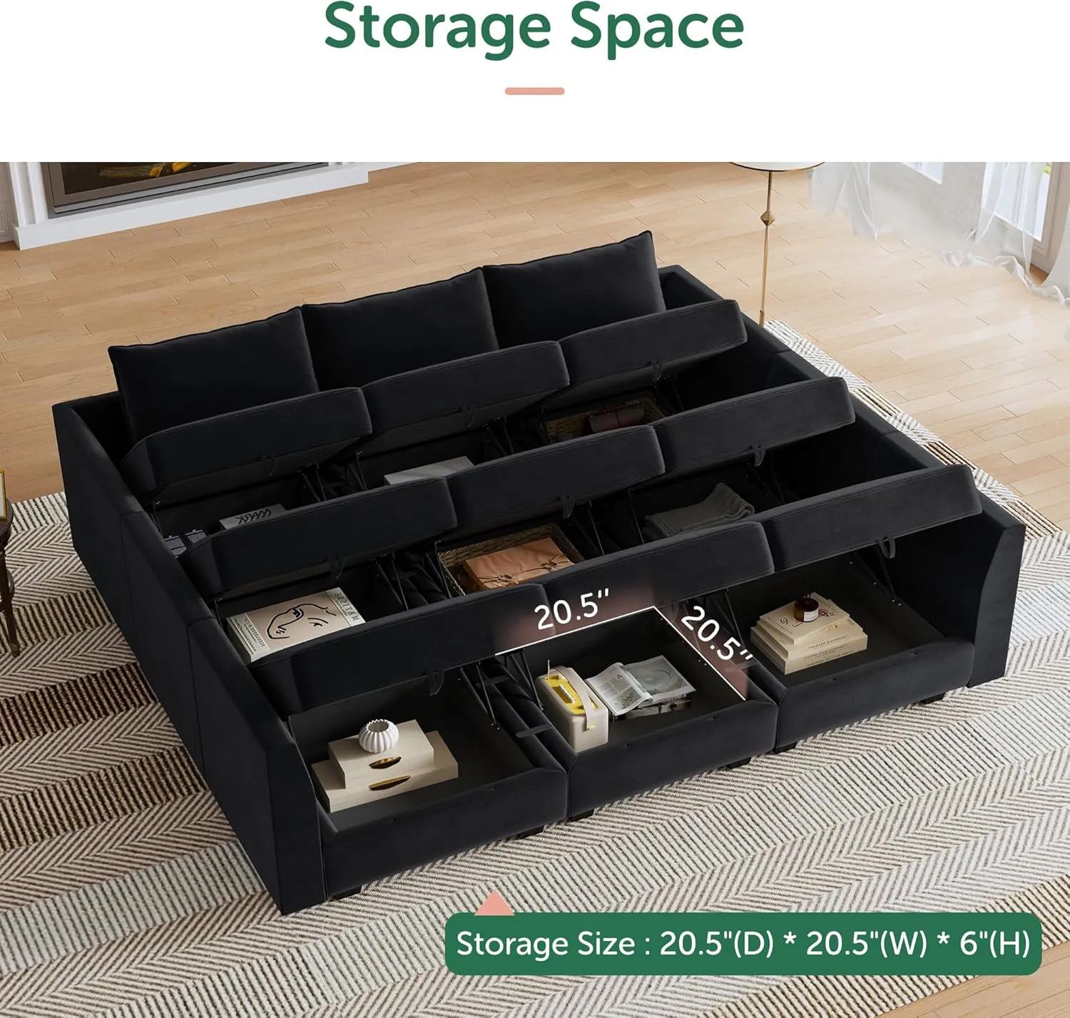 HONBAY Modular Sectional Sofa with Storage Ottoman Modular Sleeper Sectional Couches for Living Room, Black