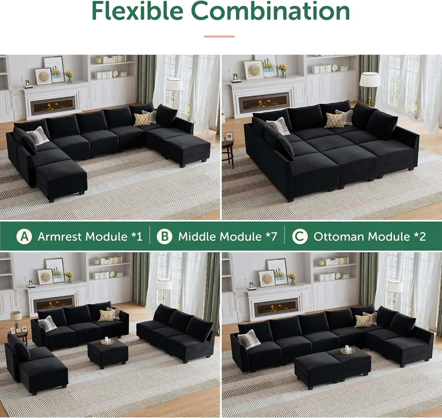 HONBAY Modular Sectional Sofa with Storage Ottoman Modular Sleeper Sectional Couches for Living Room, Black