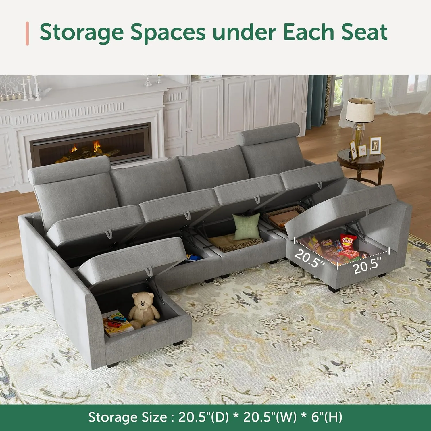 HONBAY Modular Sleeper Sectional Sofa Modular Couch with Storage Seat Reversible Sectional Sleeper Couch for Living Room, Grey