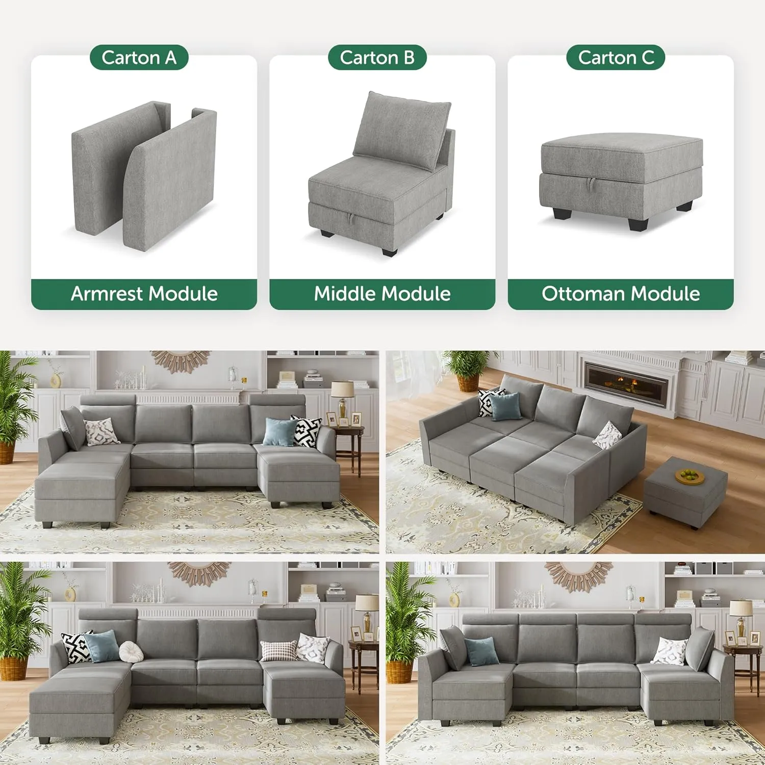 HONBAY Modular Sleeper Sectional Sofa Modular Couch with Storage Seat Reversible Sectional Sleeper Couch for Living Room, Grey