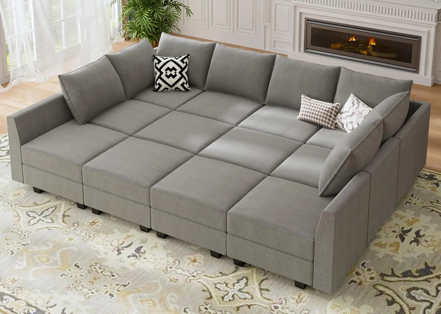 HONBAY Modular Sleeper Sectional Sofa Modular Couch with Storage Seat Reversible Sectional Sleeper Couch for Living Room, Grey