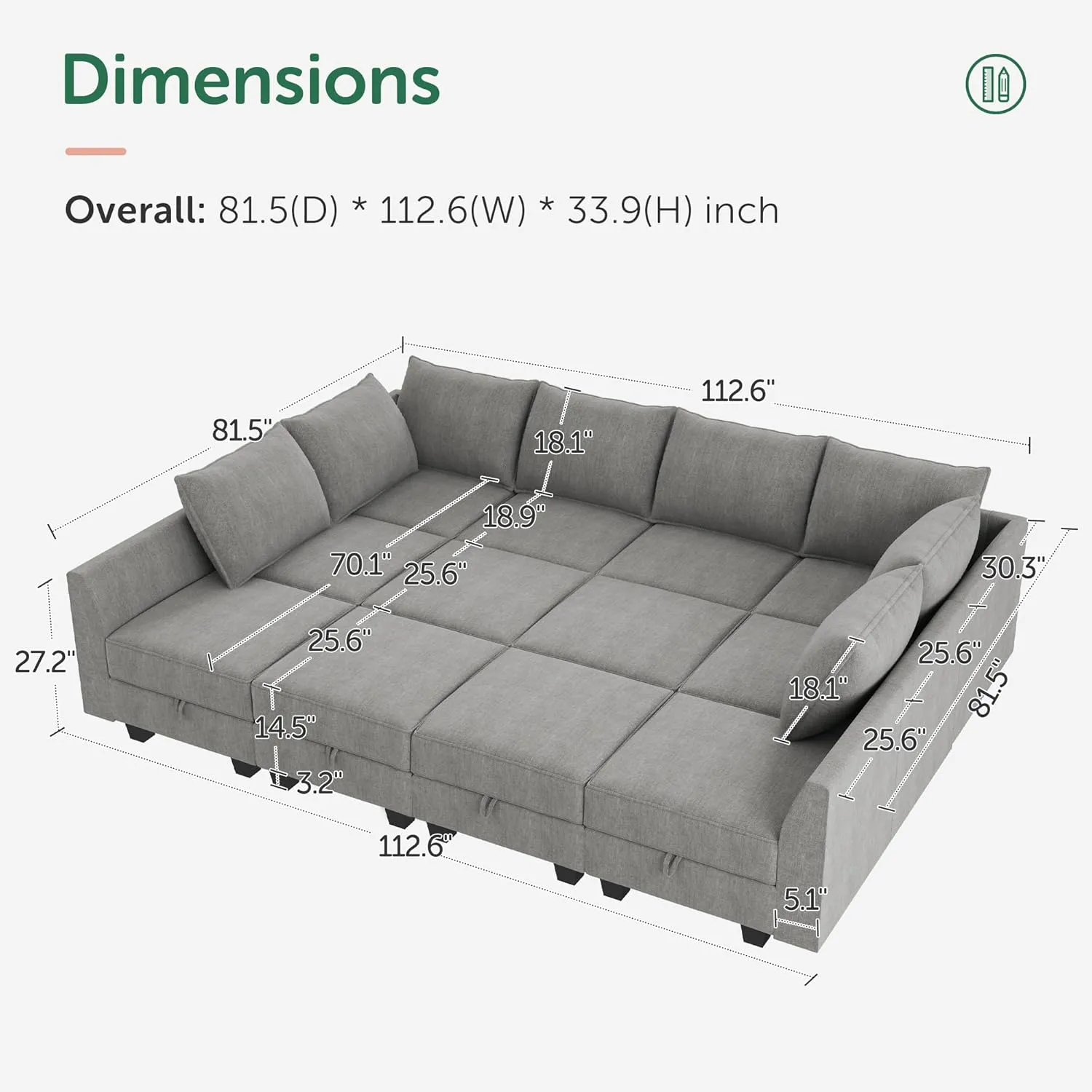 HONBAY Modular Sleeper Sectional Sofa Modular Couch with Storage Seat Reversible Sectional Sleeper Couch for Living Room, Grey