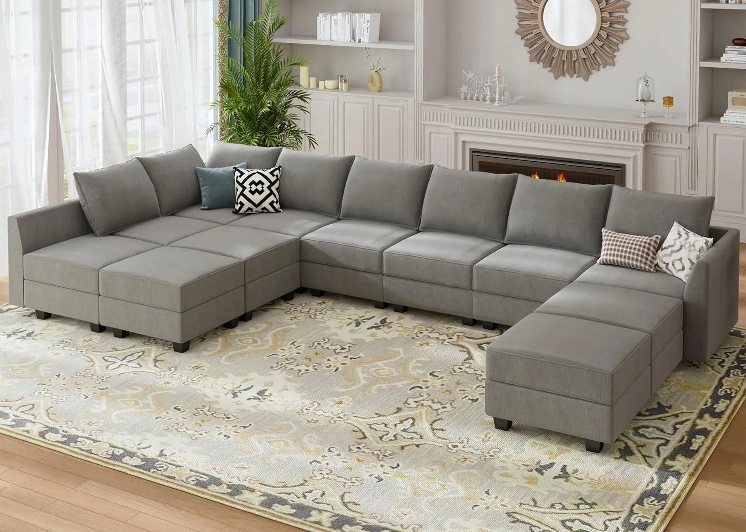 HONBAY Modular Sleeper Sectional Sofa Modular Couch with Storage Seat Reversible Sectional Sleeper Couch for Living Room, Grey