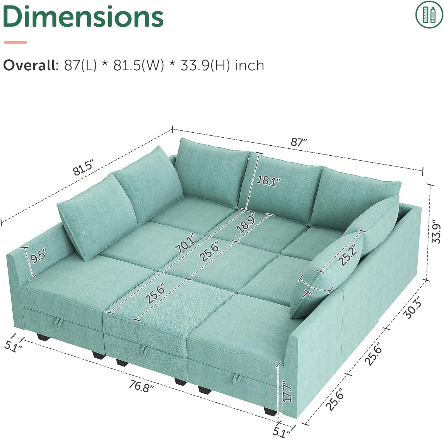 HONBAY Modular Sofa Sectional Sleeper Couch with Ottomans Reversible Sleeper Sectional Sofa Modular Couch with Storage, Aqua Blue