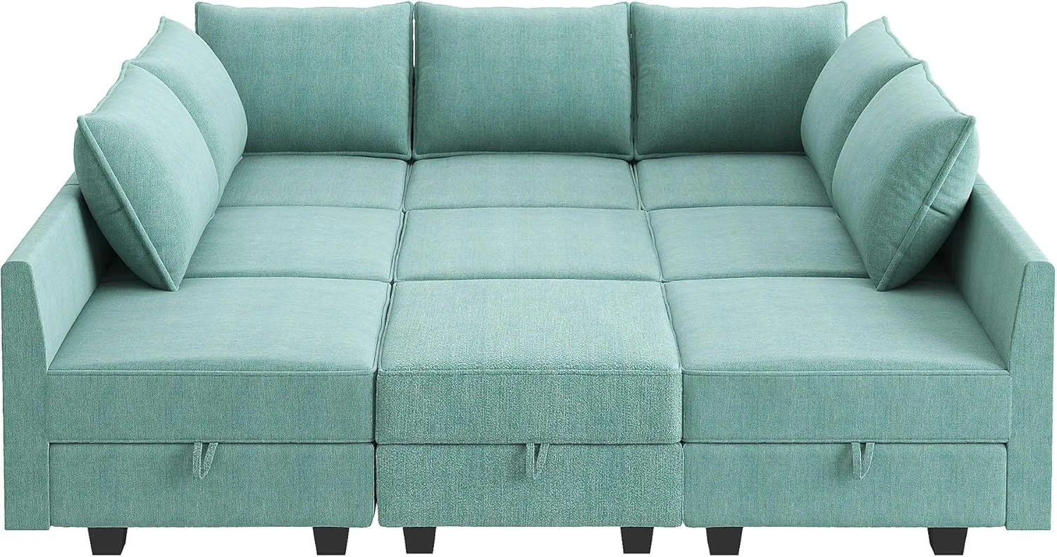 HONBAY Modular Sofa Sectional Sleeper Couch with Ottomans Reversible Sleeper Sectional Sofa Modular Couch with Storage, Aqua Blue