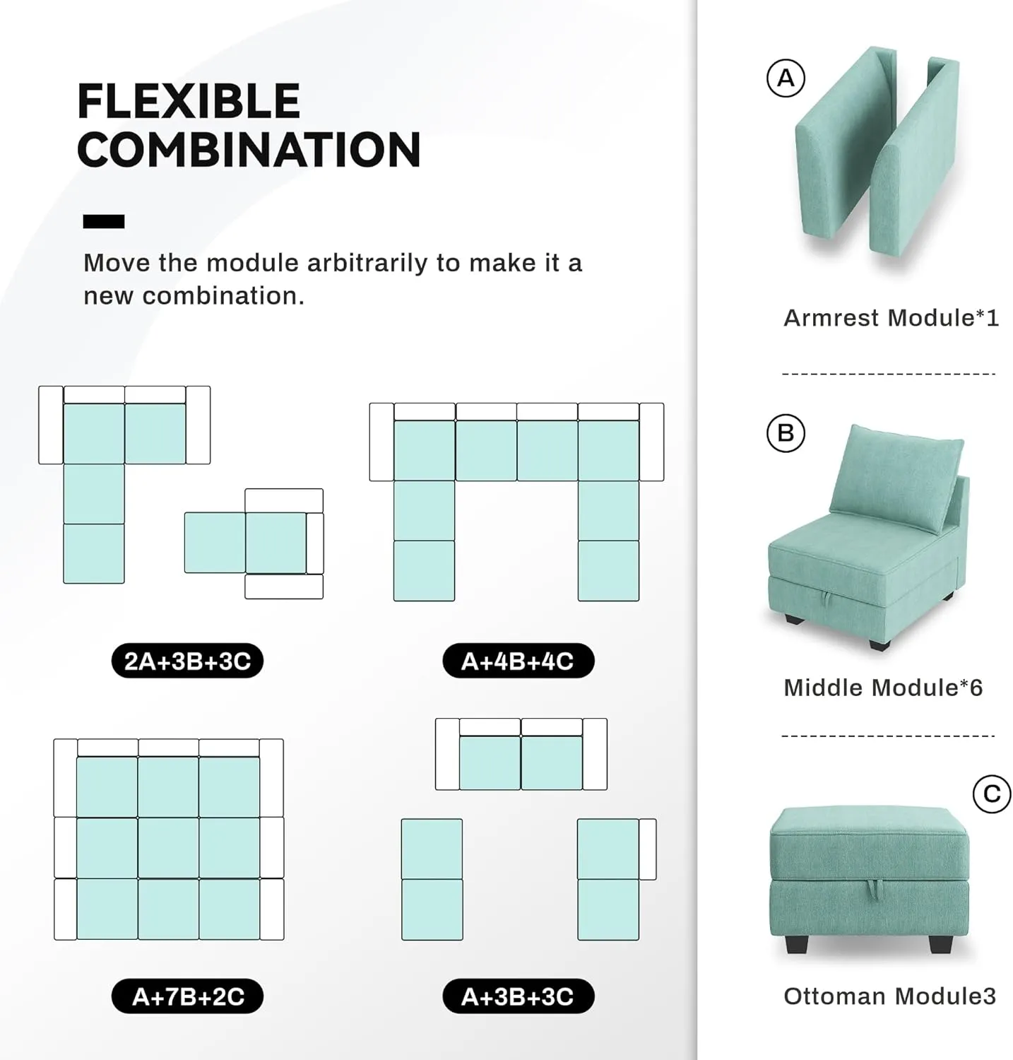 HONBAY Modular Sofa Sectional Sleeper Couch with Ottomans Reversible Sleeper Sectional Sofa Modular Couch with Storage, Aqua Blue