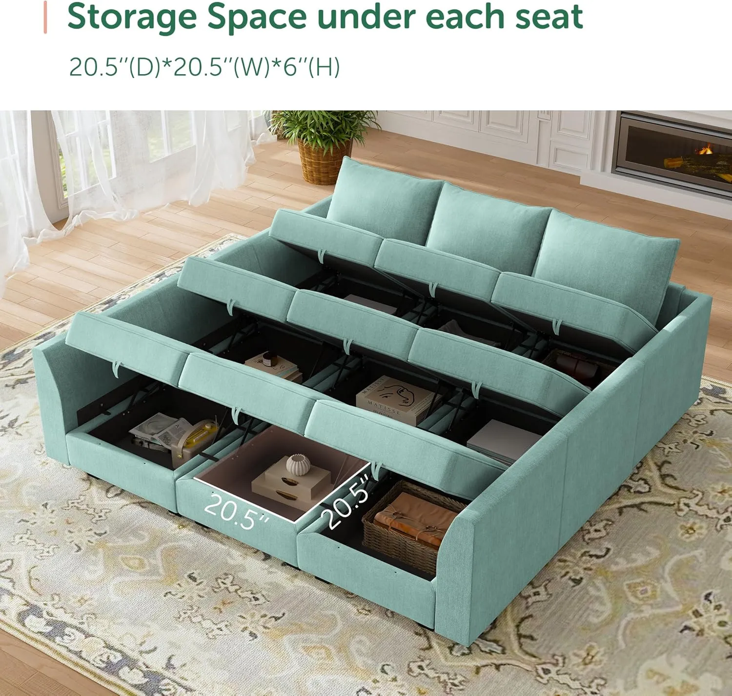 HONBAY Modular Sofa Sectional Sleeper Couch with Ottomans Reversible Sleeper Sectional Sofa Modular Couch with Storage, Aqua Blue