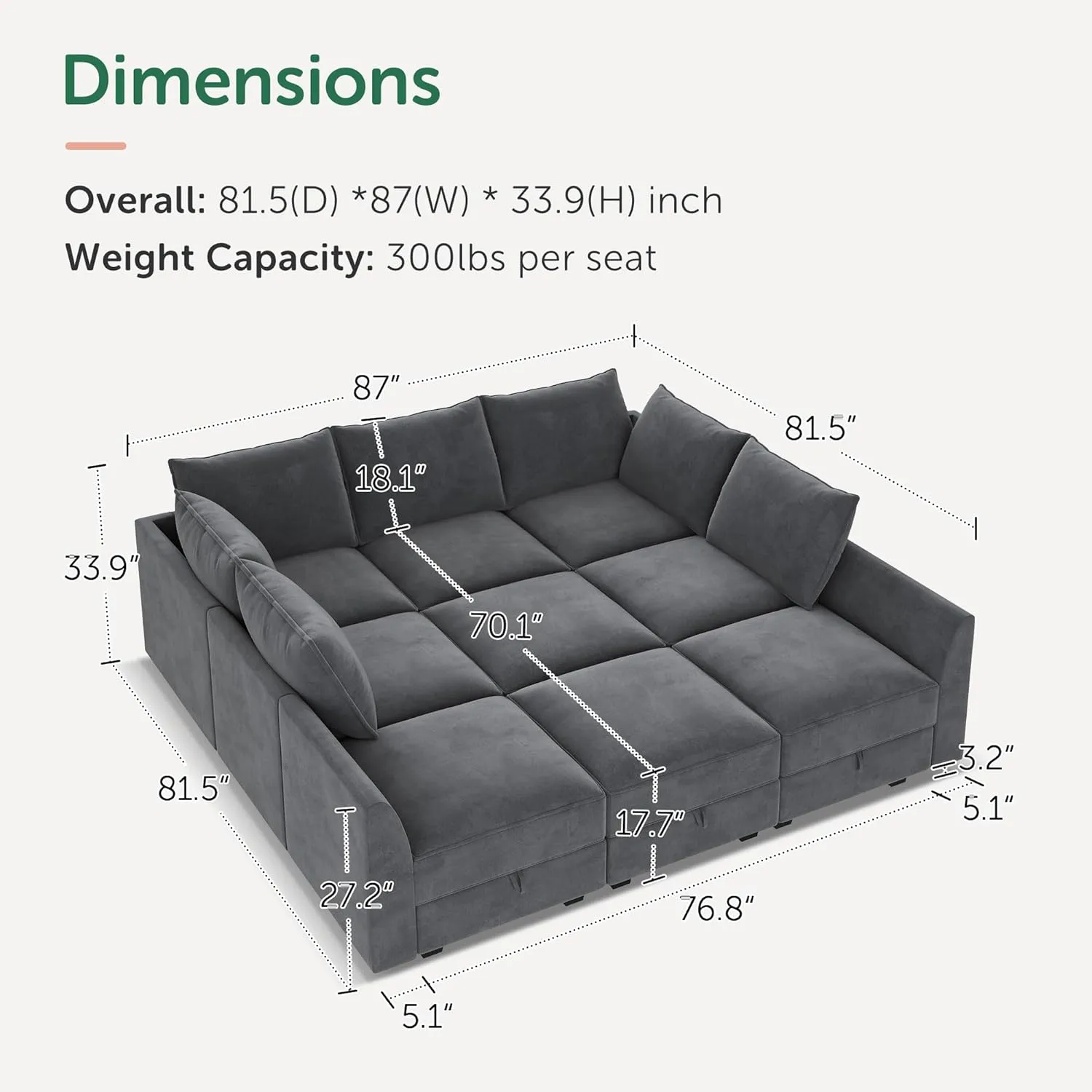 HONBAY Modular Sofa Sectional Sleeper Couch with Ottomans Reversible Sleeper Sectional Sofa Modular Couch with Storage, Velvet Bluish Grey