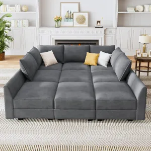 HONBAY Modular Sofa Sectional Sleeper Couch with Ottomans Reversible Sleeper Sectional Sofa Modular Couch with Storage, Velvet Bluish Grey