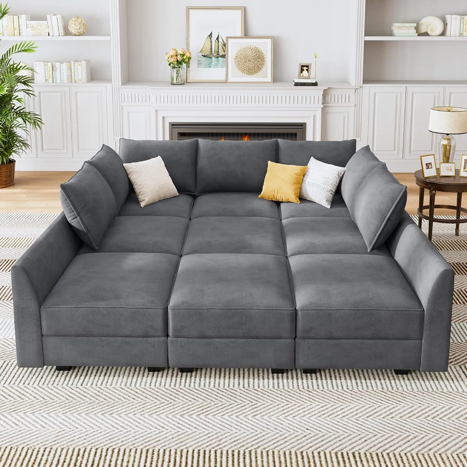 HONBAY Modular Sofa Sectional Sleeper Couch with Ottomans Reversible Sleeper Sectional Sofa Modular Couch with Storage, Velvet Bluish Grey
