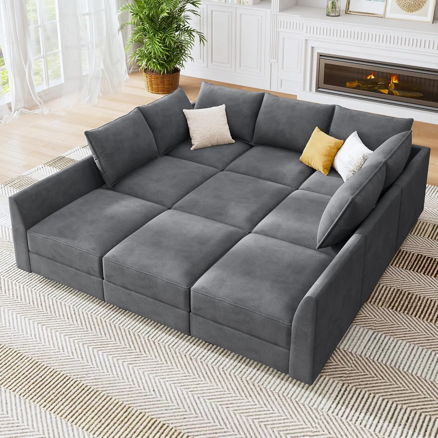 HONBAY Modular Sofa Sectional Sleeper Couch with Ottomans Reversible Sleeper Sectional Sofa Modular Couch with Storage, Velvet Bluish Grey