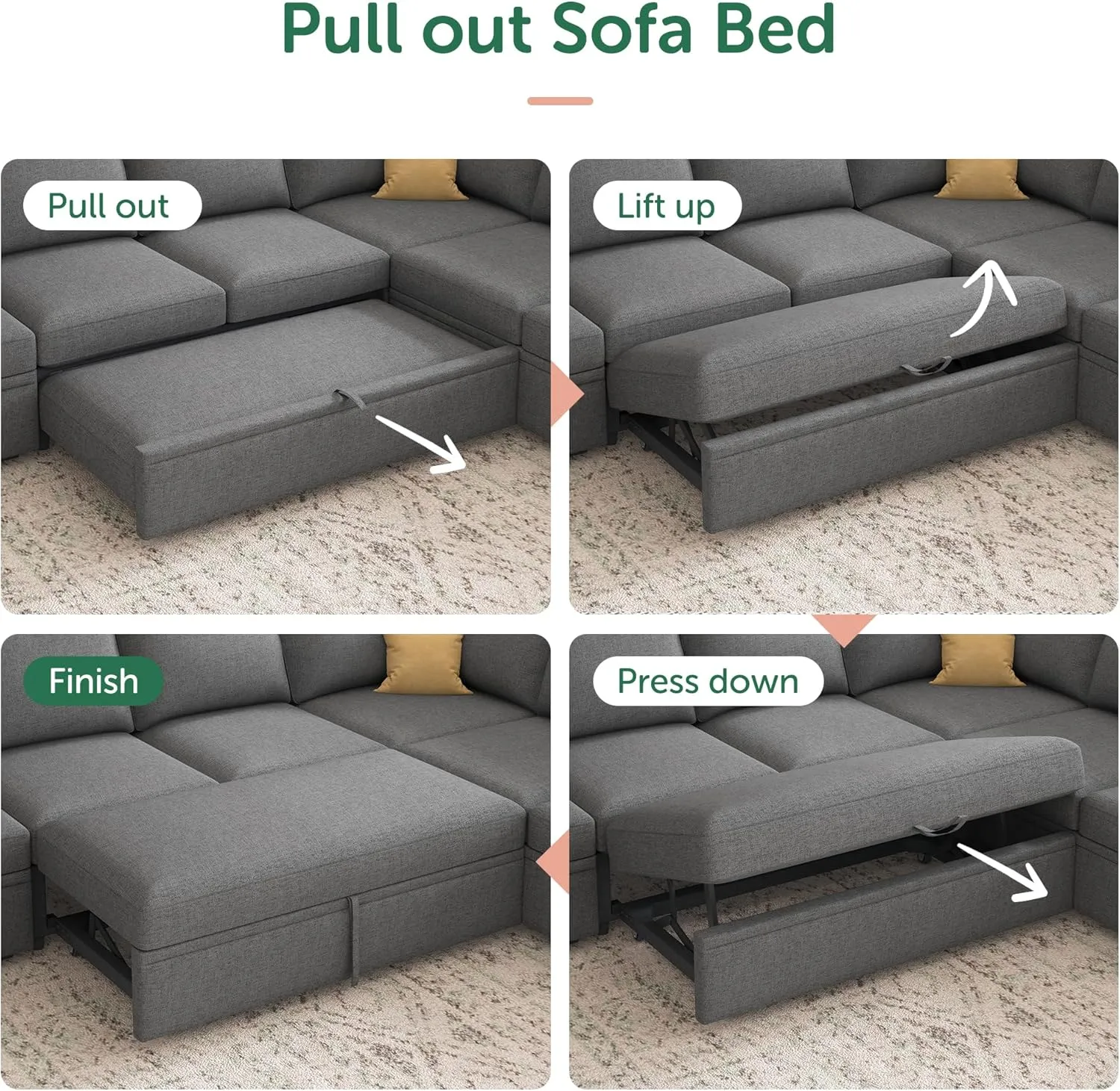 HONBAY Sectional Sleeper Sofa with Pull Out Bed, U Shaped Couch with Storage, Modular Sectional Couches for Living Room, Dark Grey