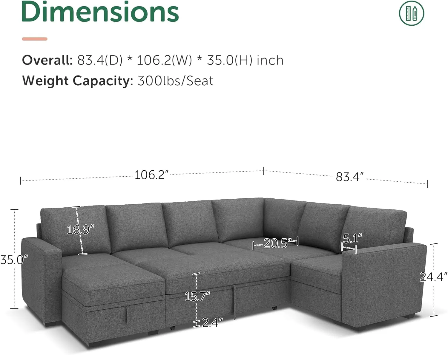HONBAY Sectional Sleeper Sofa with Pull Out Bed, U Shaped Couch with Storage, Modular Sectional Couches for Living Room, Dark Grey