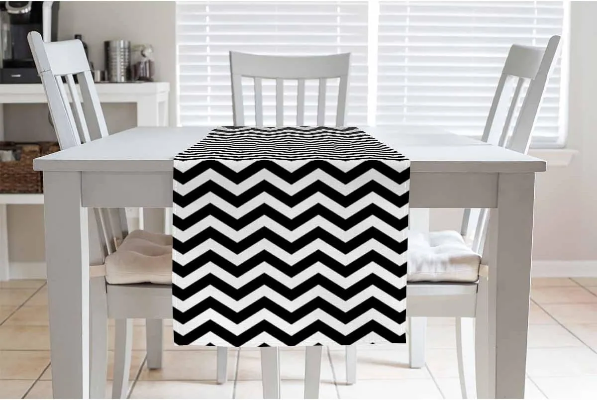 HOSNYE Table Runner Black Chevron Zigzag,Cotton Linen Table Runner Decoration for Kitchen Family Dinner Table Holiday Party Farmhouse Style 13 x 72 Inch